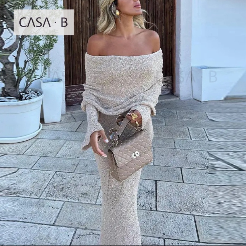 NEW to CASA B💫| Soriana Off the Shoulder Boucle Long Sleeve Draped Maxi Dress - Picture 3 of 13